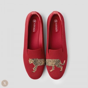 Mokasíny VIVAIA Round-Toe Embroidered Audrey Damske Červené | TOV-4415